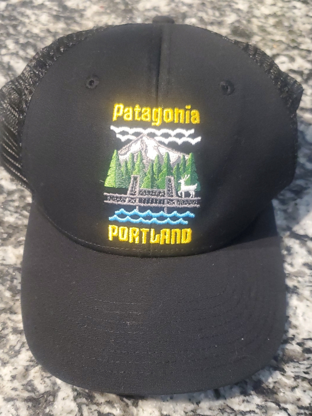 Patagonia Black Trucker Hat with Multicolor Portland Patch